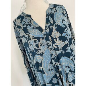 Jessica London Shirt Womens Size 18 20 Blue V Neck 3/4 Sleeves Floral Leaf Top